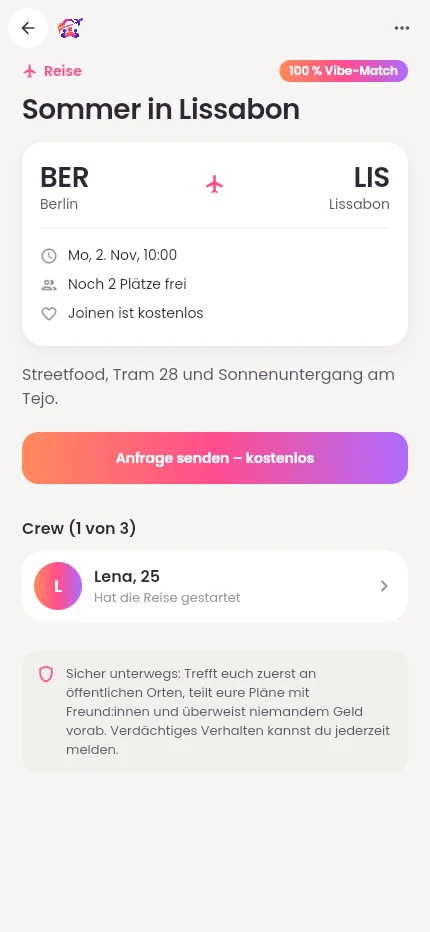 Reise-Detailseite in SkyJoin mit Route, Datum und Crew